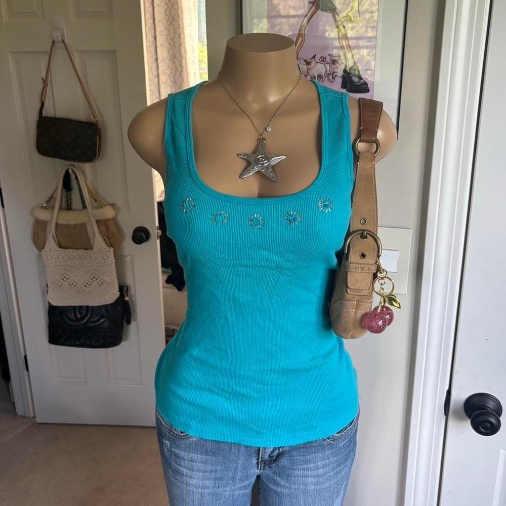 y2k 2000s mcbling turquoise rhinestone tank top
